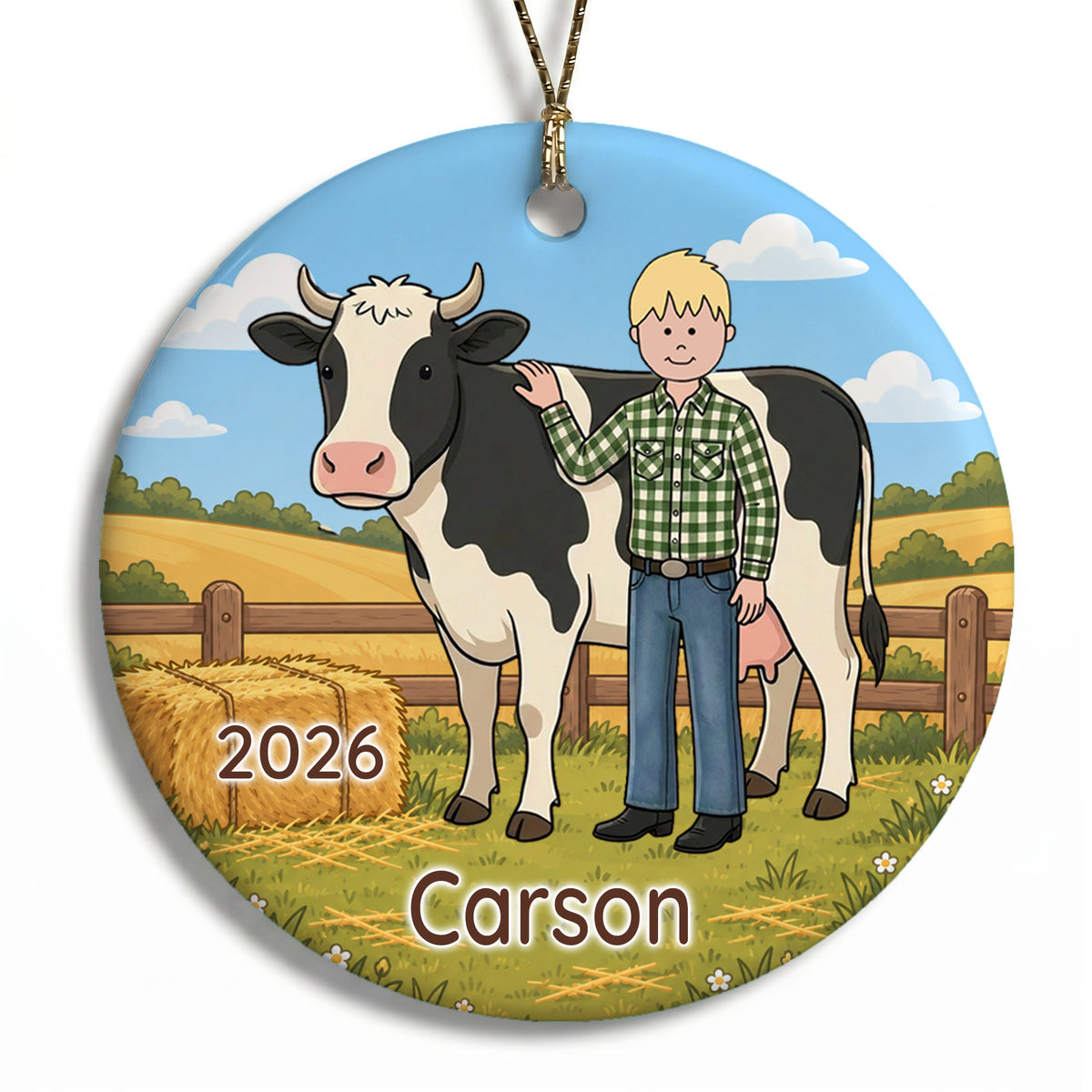 Personalized Farming Christmas Ornament – Boy with Cow