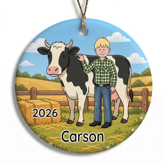 Personalized Farming Christmas Ornament – Boy with Cow
