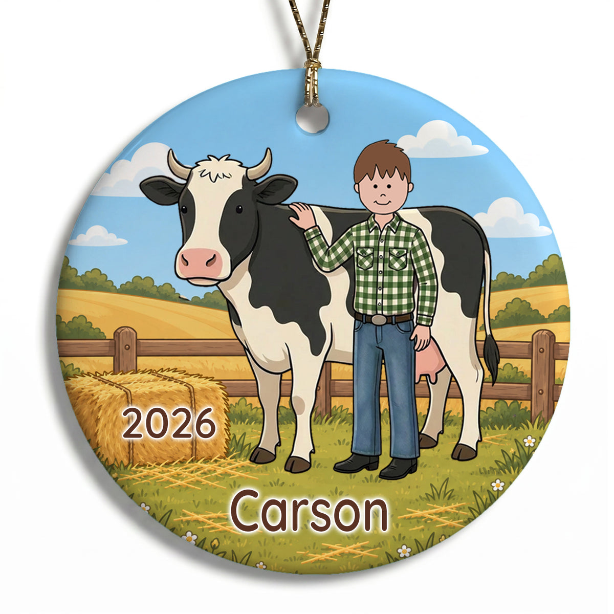 Personalized Farming Christmas Ornament – Boy with Cow