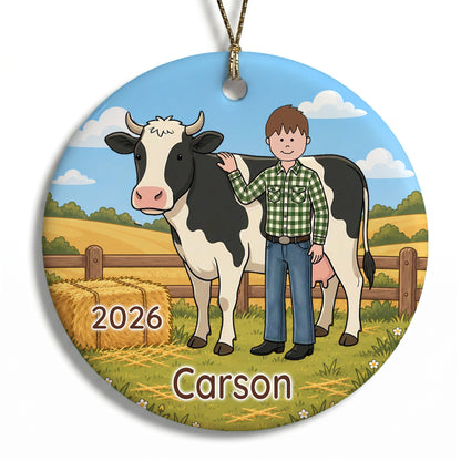 Personalized Farming Christmas Ornament – Boy with Cow