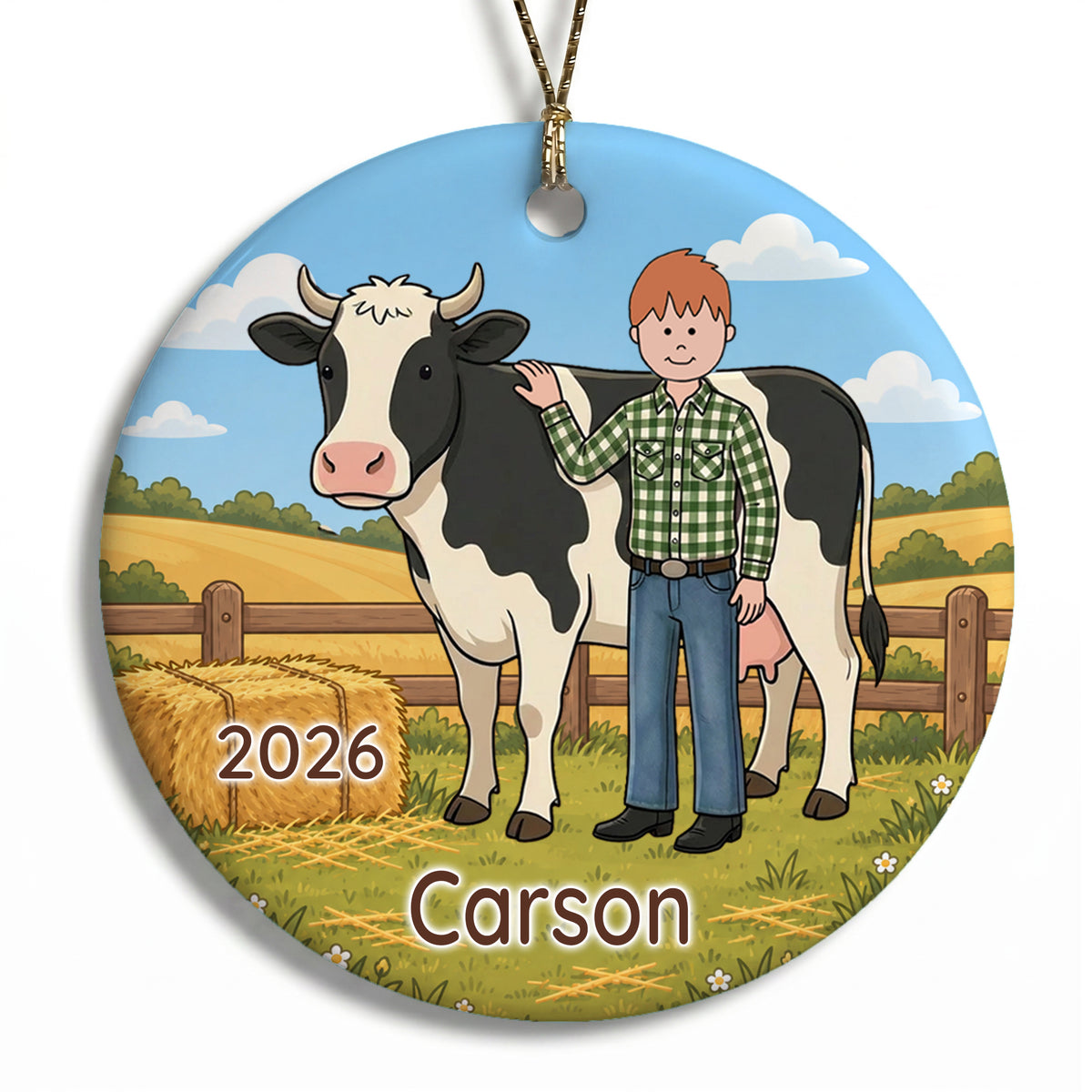 Personalized Farming Christmas Ornament – Boy with Cow