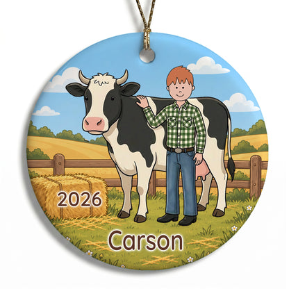 Personalized Farming Christmas Ornament – Boy with Cow