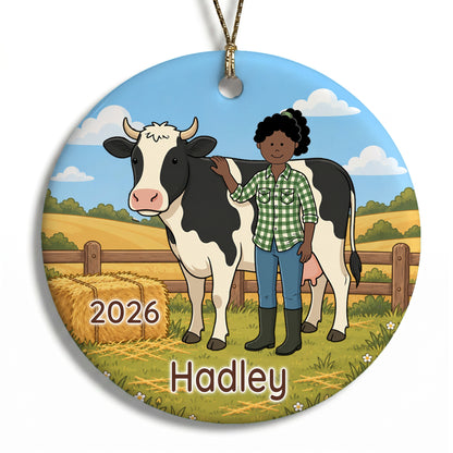 Personalized Farming Christmas Ornament – Girl with Cow