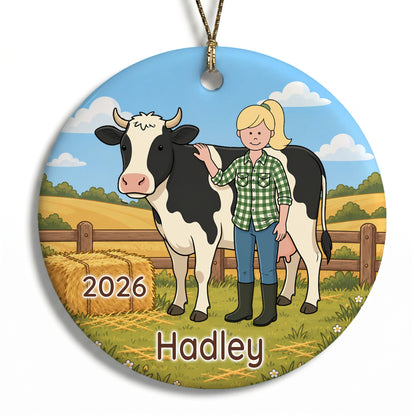Personalized Farming Christmas Ornament – Girl with Cow