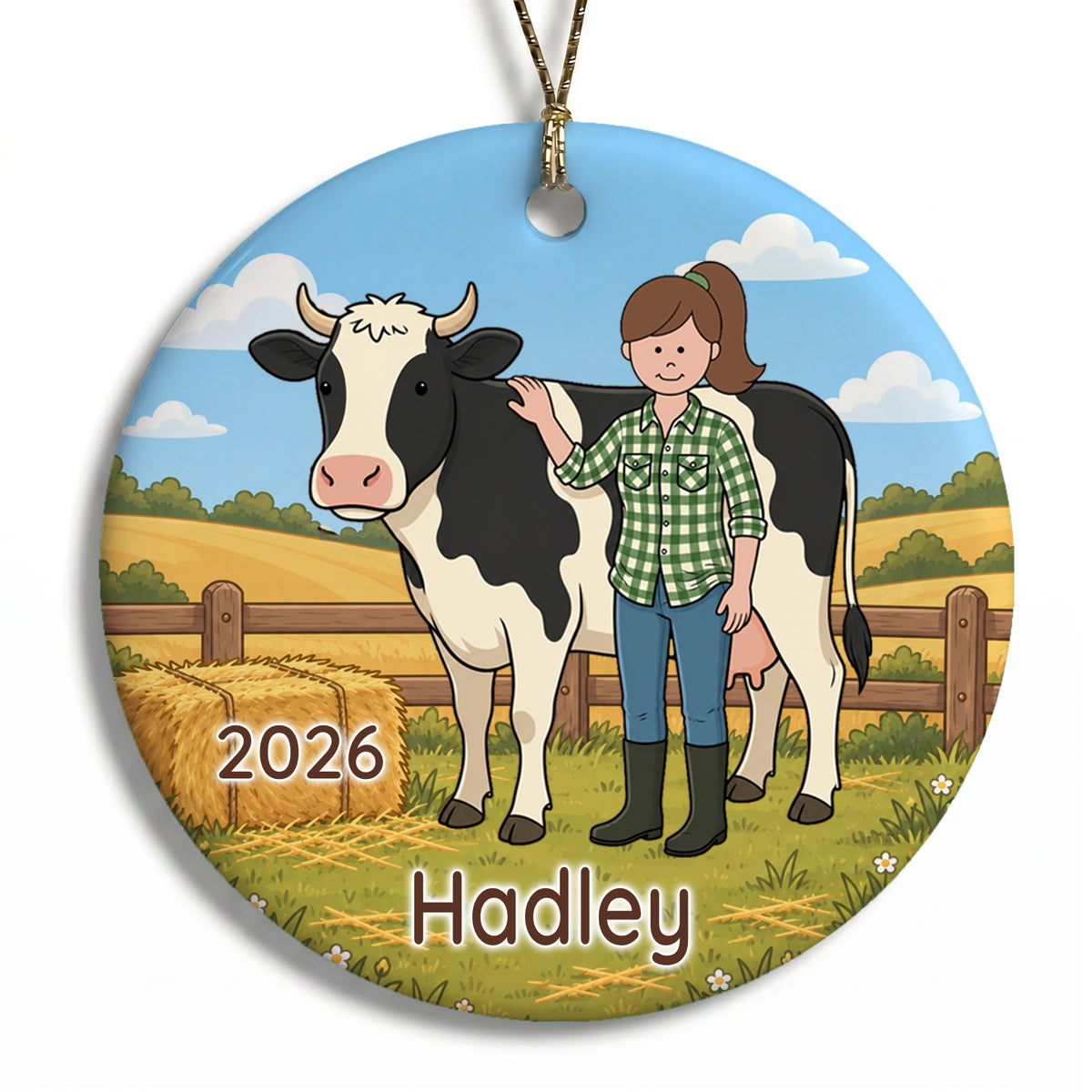 Personalized Farming Christmas Ornament – Girl with Cow