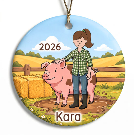Personalized Farming Christmas Ornament – Girl with Pig - B - Brown Hair / Fair Skin, 