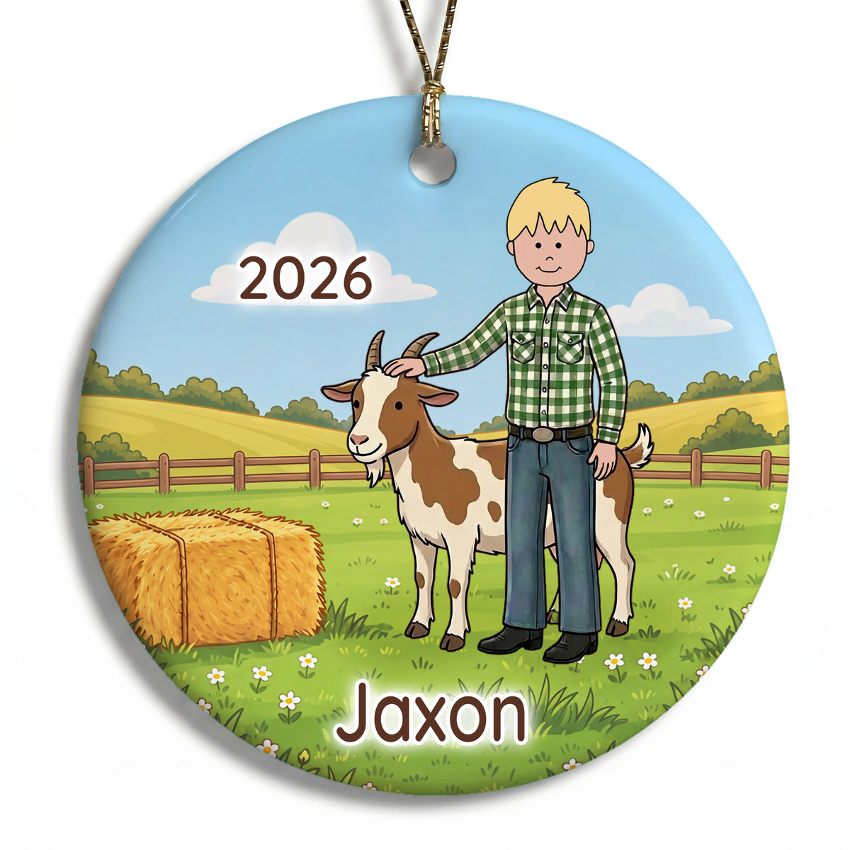 Personalized Farming Christmas Ornament – Boy with Goat - A - Blonde / Fair Skin, 