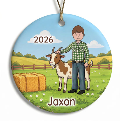 Personalized Farming Christmas Ornament – Boy with Goat - B - Brown Hair / Fair Skin, 