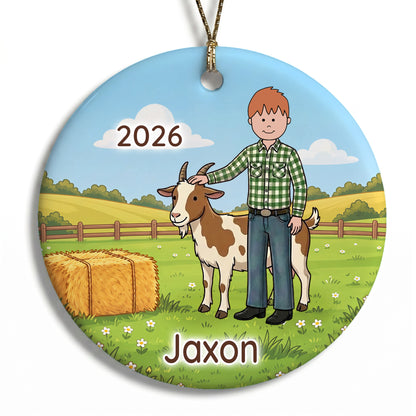 Personalized Farming Christmas Ornament – Boy with Goat - C - Red Hair / Fair Skin, 