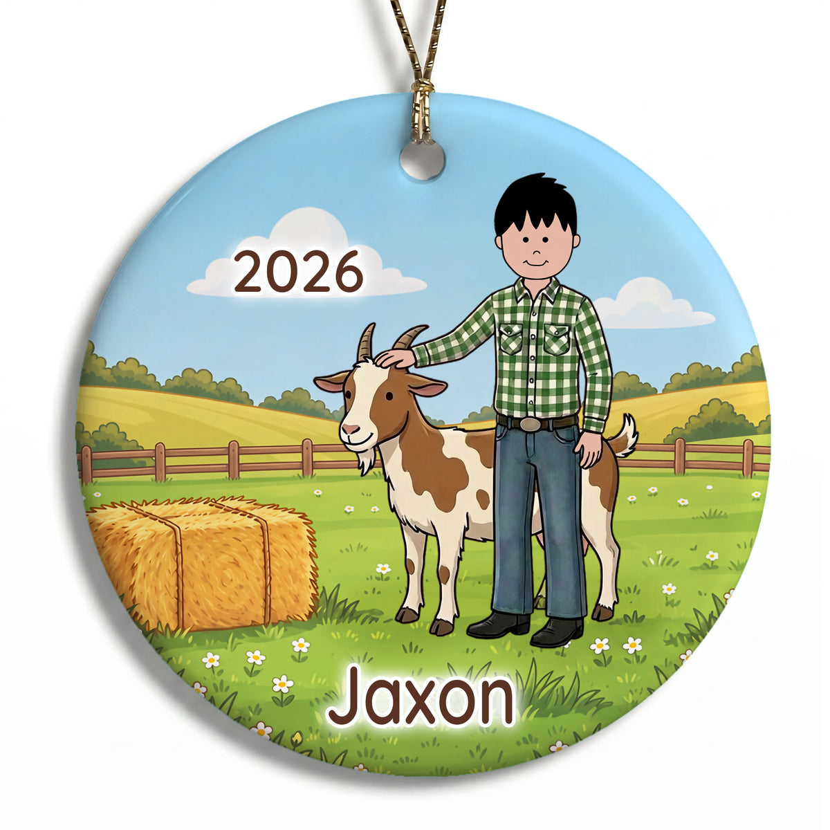 Personalized Farming Christmas Ornament – Boy with Goat - D - Black Hair / Fair Skin, 