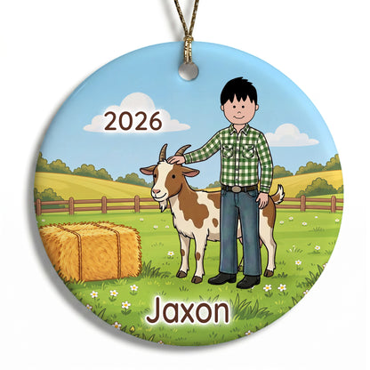 Personalized Farming Christmas Ornament – Boy with Goat - D - Black Hair / Fair Skin, 