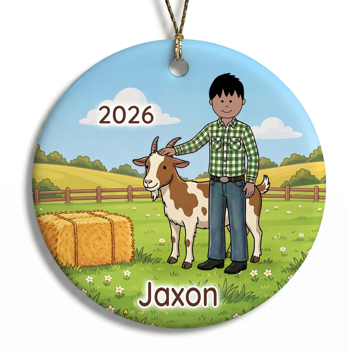 Personalized Farming Christmas Ornament – Boy with Goat - E - Black Straight Hair / Medium Skin, 