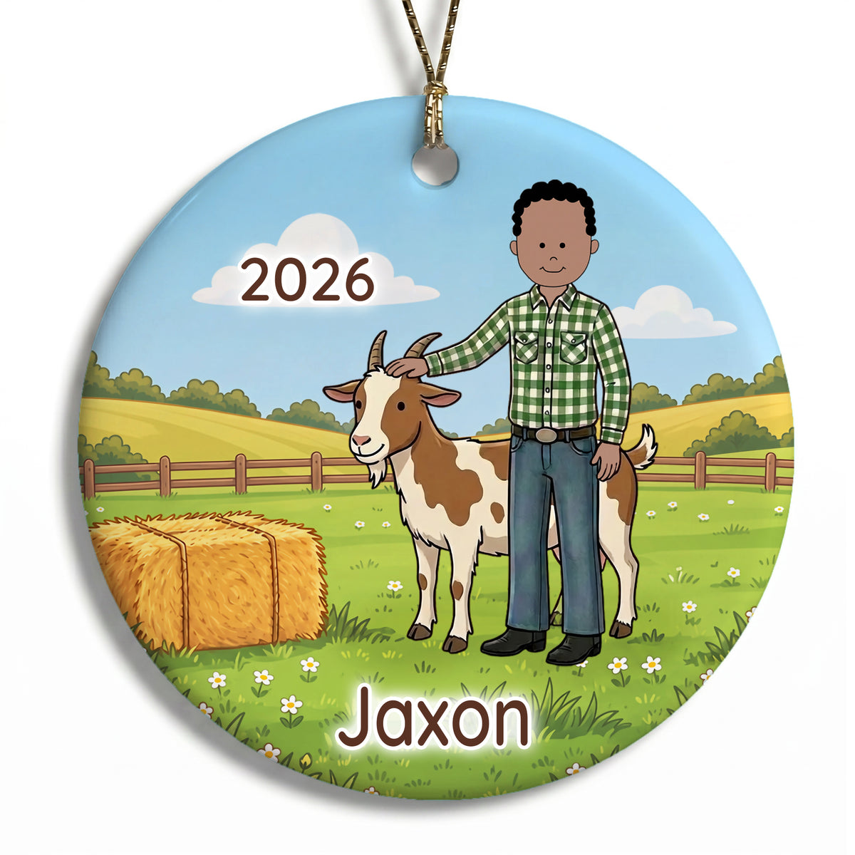 Personalized Farming Christmas Ornament – Boy with Goat - F - Black Curly Hair /Medium Skin, 