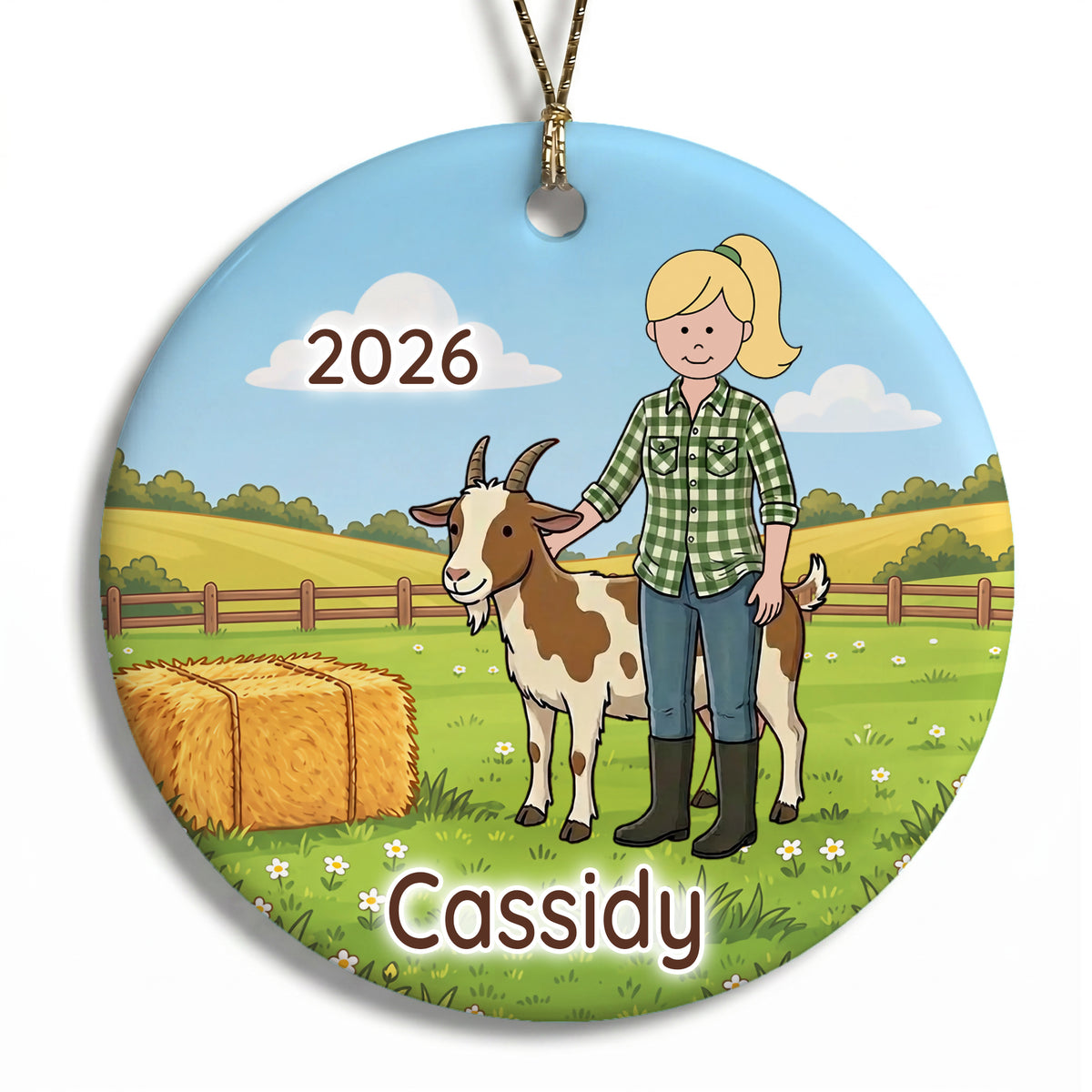 Personalized Farming Christmas Ornament – Girl with Goat - A - Blonde / Fair Skin, 