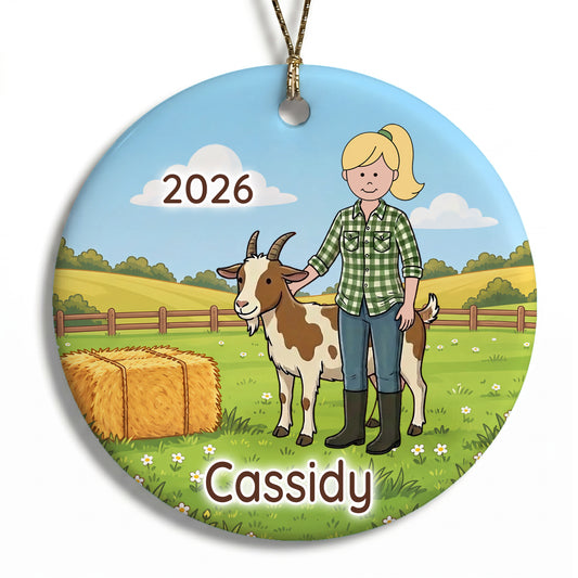 Personalized Farming Christmas Ornament – Girl with Goat - A - Blonde / Fair Skin, 