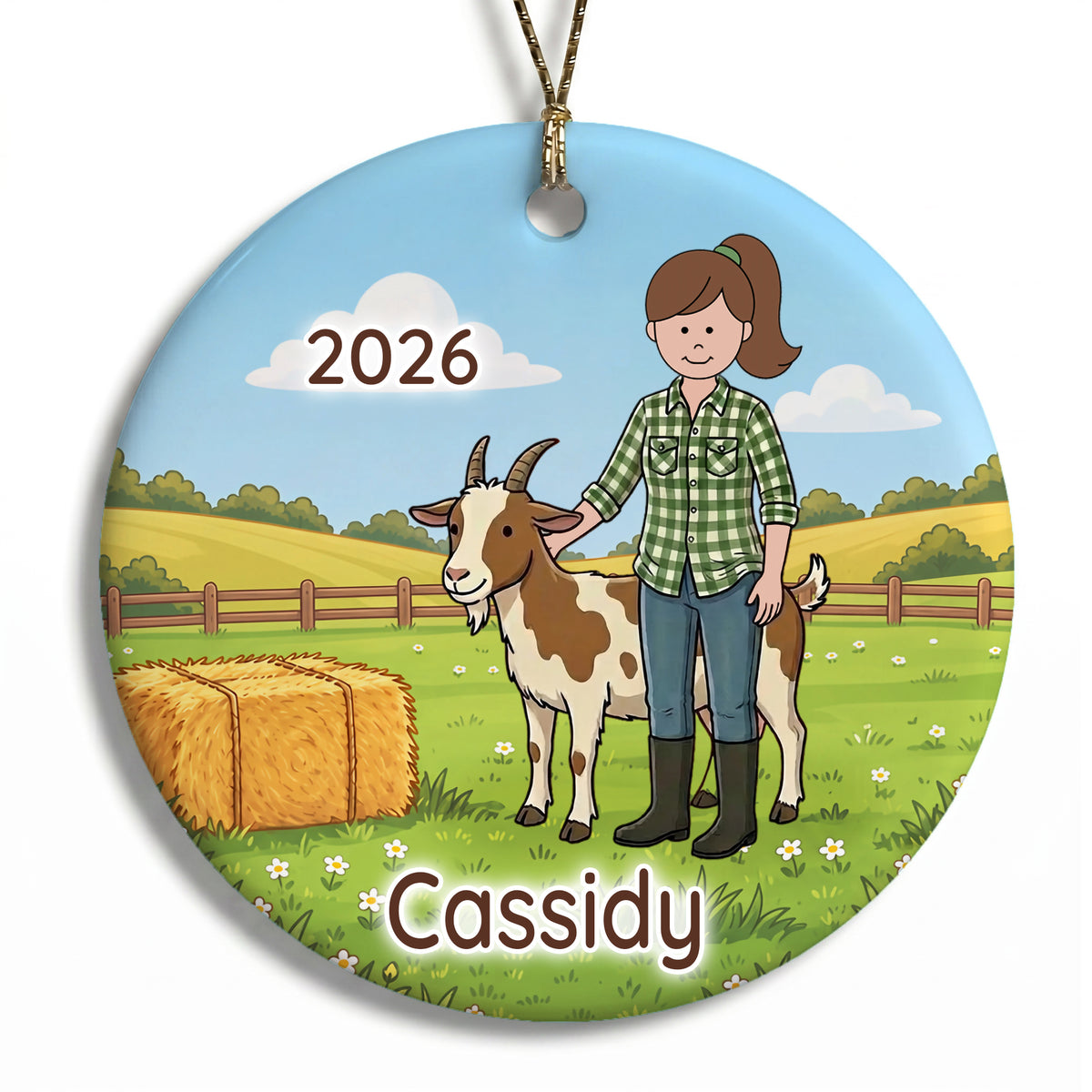 Personalized Farming Christmas Ornament – Girl with Goat - B - Brown Hair / Fair Skin, 