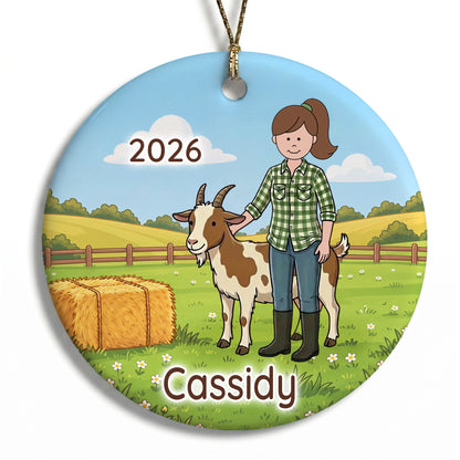 Personalized Farming Christmas Ornament – Girl with Goat - B - Brown Hair / Fair Skin, 