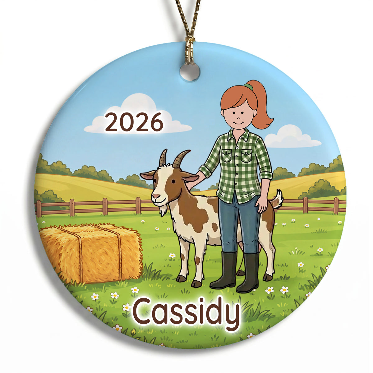 Personalized Farming Christmas Ornament – Girl with Goat - C - Red Hair / Fair Skin, 