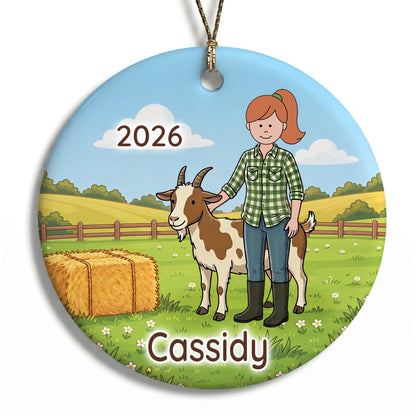 Personalized Farming Christmas Ornament – Girl with Goat - C - Red Hair / Fair Skin, 