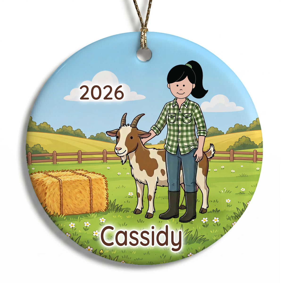 Personalized Farming Christmas Ornament – Girl with Goat - D - Black Hair / Fair Skin, 