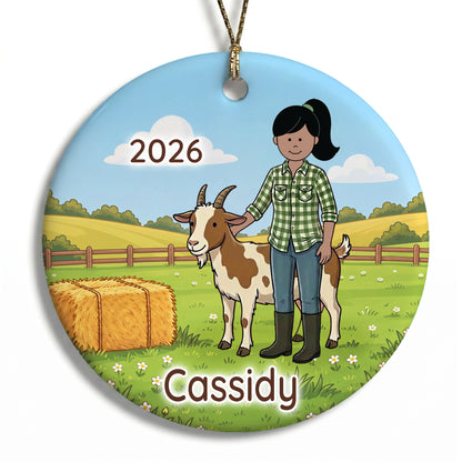 Personalized Farming Christmas Ornament – Girl with Goat - E - Black Straight Hair / Medium Skin, 