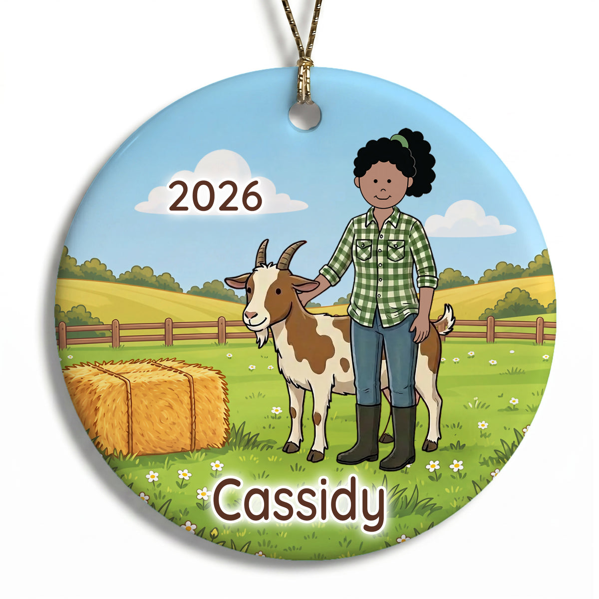 Personalized Farming Christmas Ornament – Girl with Goat - F - Black Curly Hair /Medium Skin, 