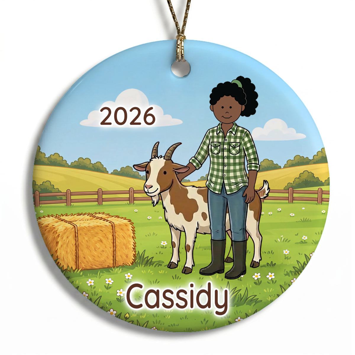 Personalized Farming Christmas Ornament – Girl with Goat - G - Black Curly Hair / Dark Skin, 