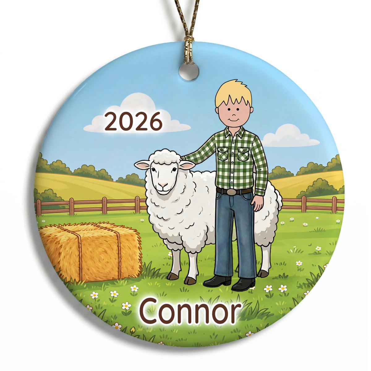 Personalized Farming Christmas Ornament – Boy with Sheep - A - Blonde / Fair Skin, 