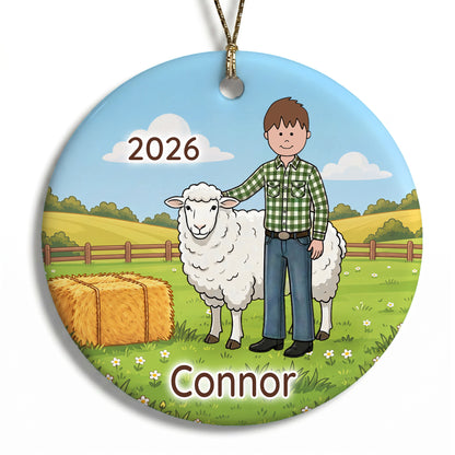 Personalized Farming Christmas Ornament – Boy with Sheep - B - Brown Hair / Fair Skin, 