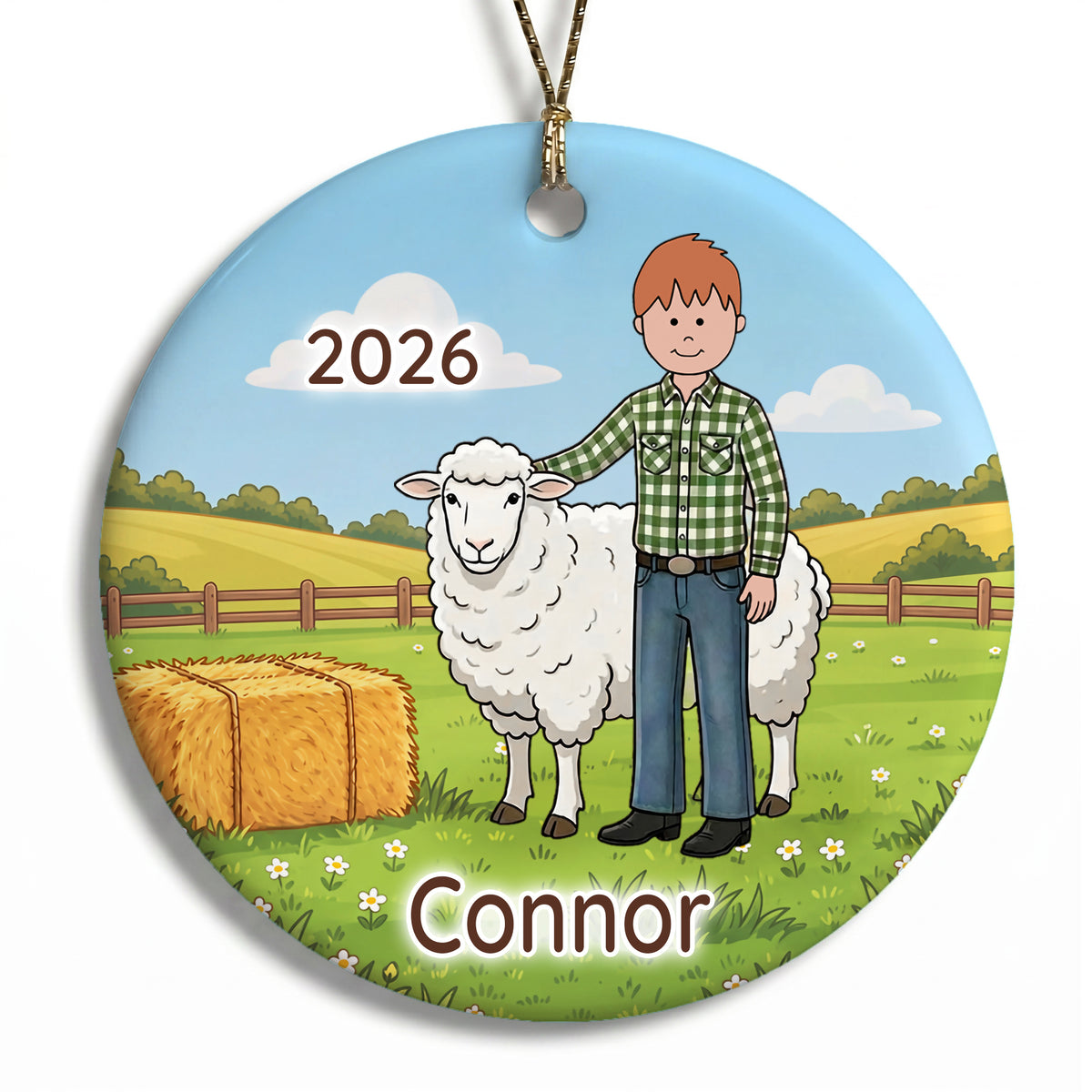 Personalized Farming Christmas Ornament – Boy with Sheep - C - Red Hair / Fair Skin, 