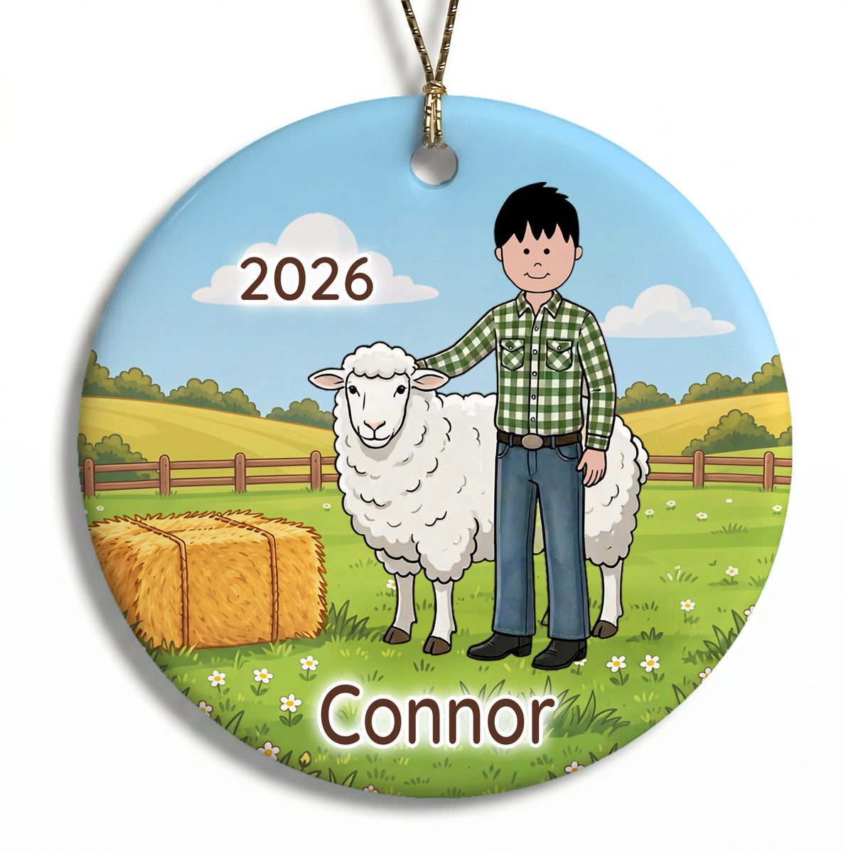 Personalized Farming Christmas Ornament – Boy with Sheep - D - Black Hair / Fair Skin, 