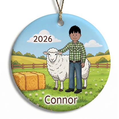 Personalized Farming Christmas Ornament – Boy with Sheep - E - Black Straight Hair / Medium Skin, 