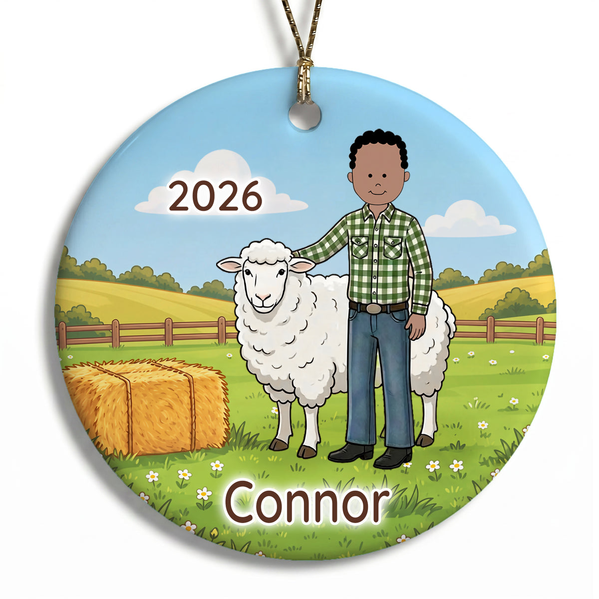 Personalized Farming Christmas Ornament – Boy with Sheep - F - Black Curly Hair /Medium Skin, 