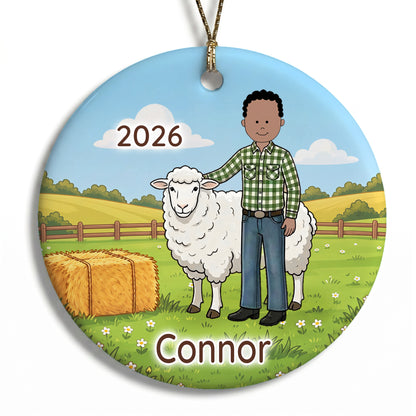 Personalized Farming Christmas Ornament – Boy with Sheep - F - Black Curly Hair /Medium Skin, 