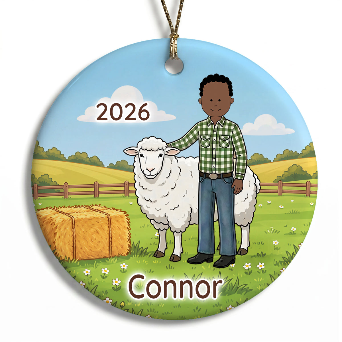 Personalized Farming Christmas Ornament – Boy with Sheep - G - Black Curly Hair / Dark Skin, 