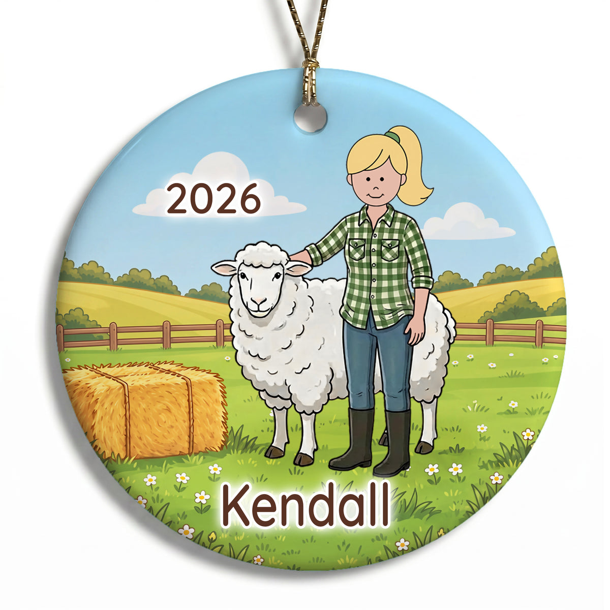 Personalized Farming Christmas Ornament – Girl with Sheep - A - Blonde / Fair Skin, 