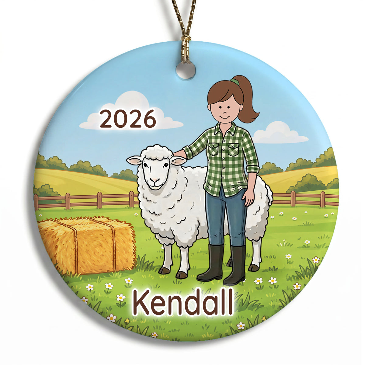 Personalized Farming Christmas Ornament – Girl with Sheep - B - Brown Hair / Fair Skin, 
