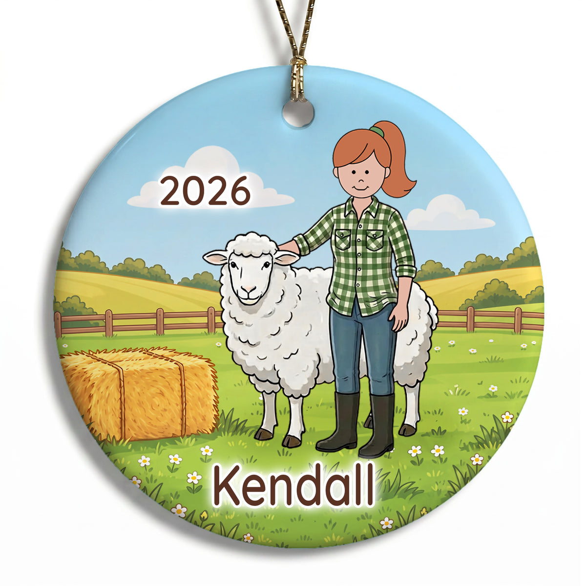 Personalized Farming Christmas Ornament – Girl with Sheep - C - Red Hair / Fair Skin, 