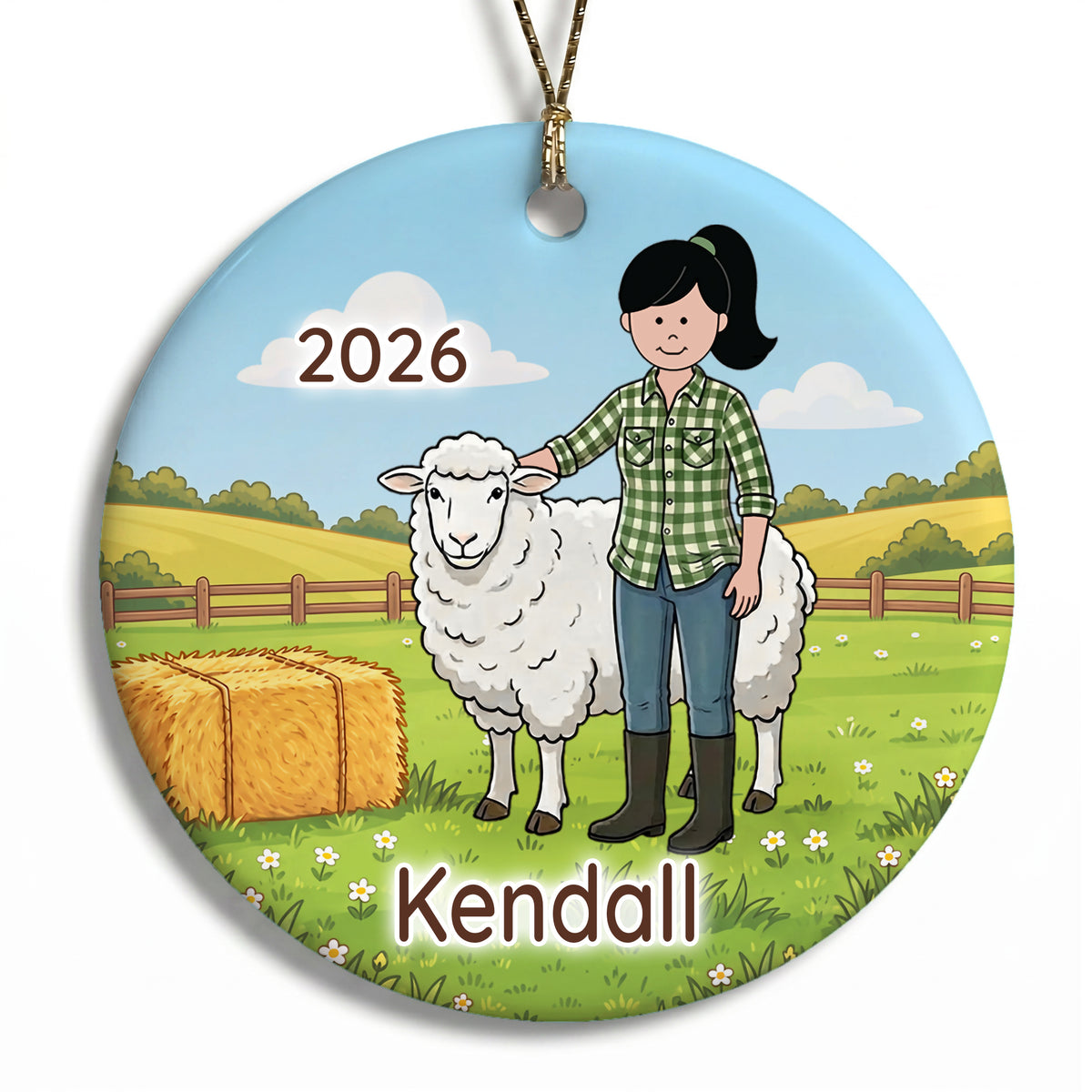 Personalized Farming Christmas Ornament – Girl with Sheep - D - Black Hair / Fair Skin, 