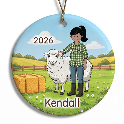 Personalized Farming Christmas Ornament – Girl with Sheep - E - Black Straight Hair / Medium Skin, 
