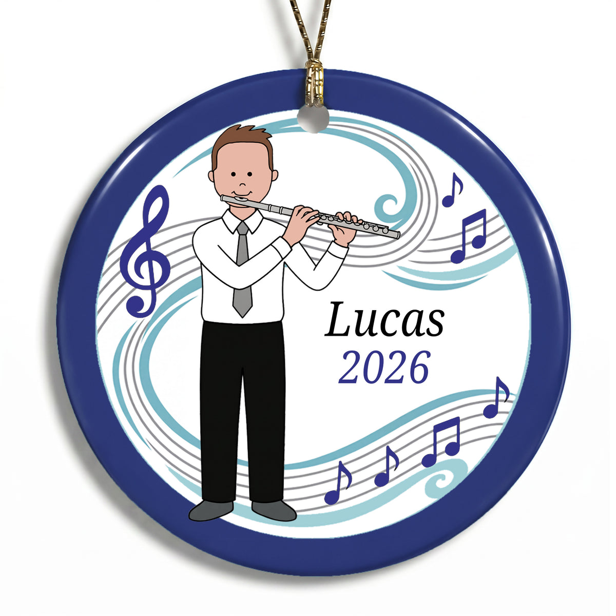 Flute Boy Personalized Christmas Ornament - B - Brown Hair / Fair Skin, 