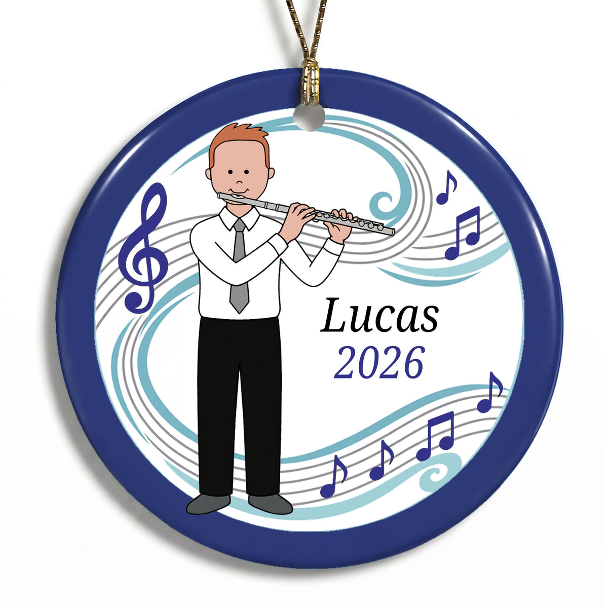 Flute Boy Personalized Christmas Ornament - C - Red Hair / Fair Skin, 