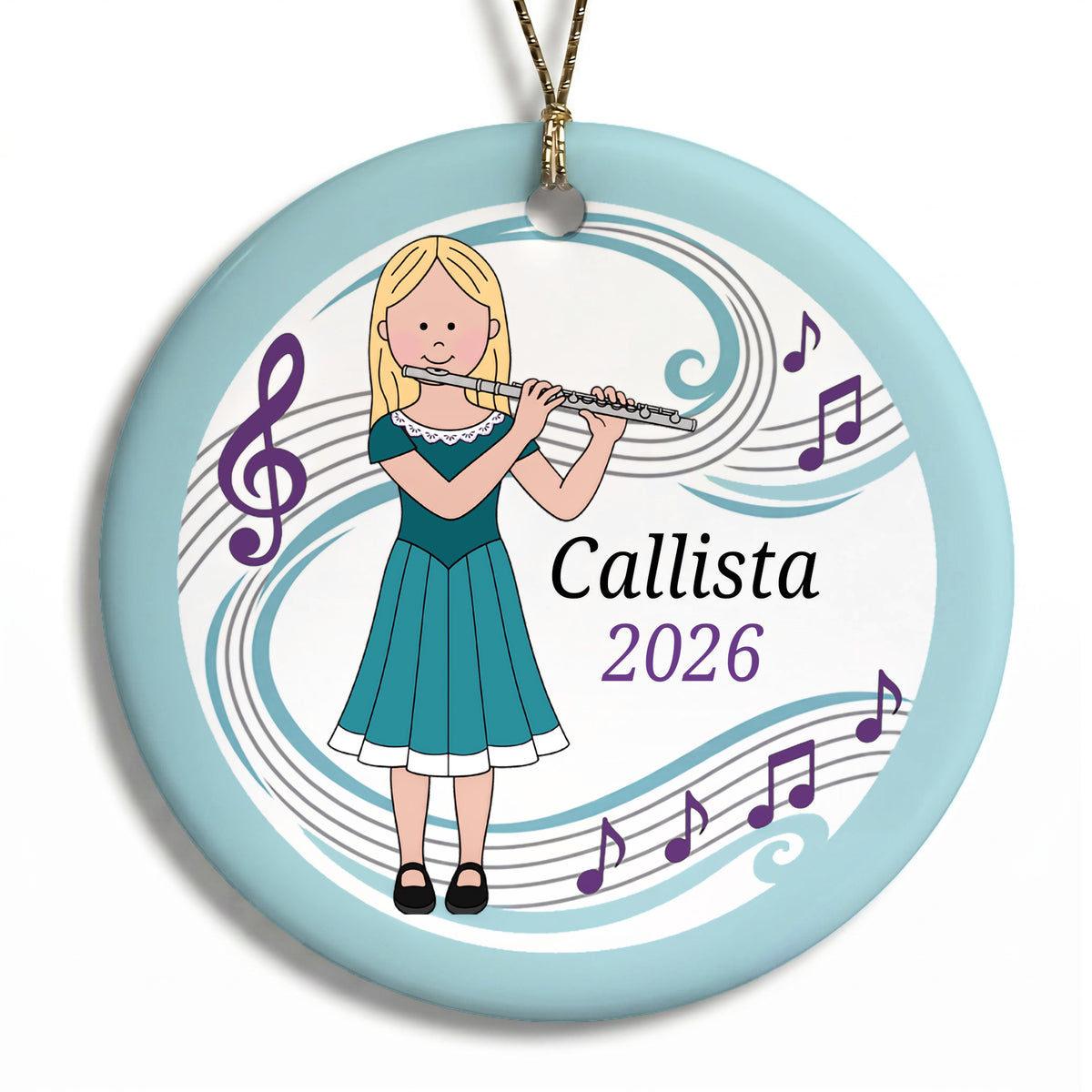 Flute Girl Personalized Christmas Ornament - A - Blonde Hair / Fair Skin, 