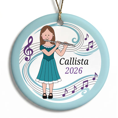 Flute Girl Personalized Christmas Ornament - B - Brown Hair / Fair Skin, 