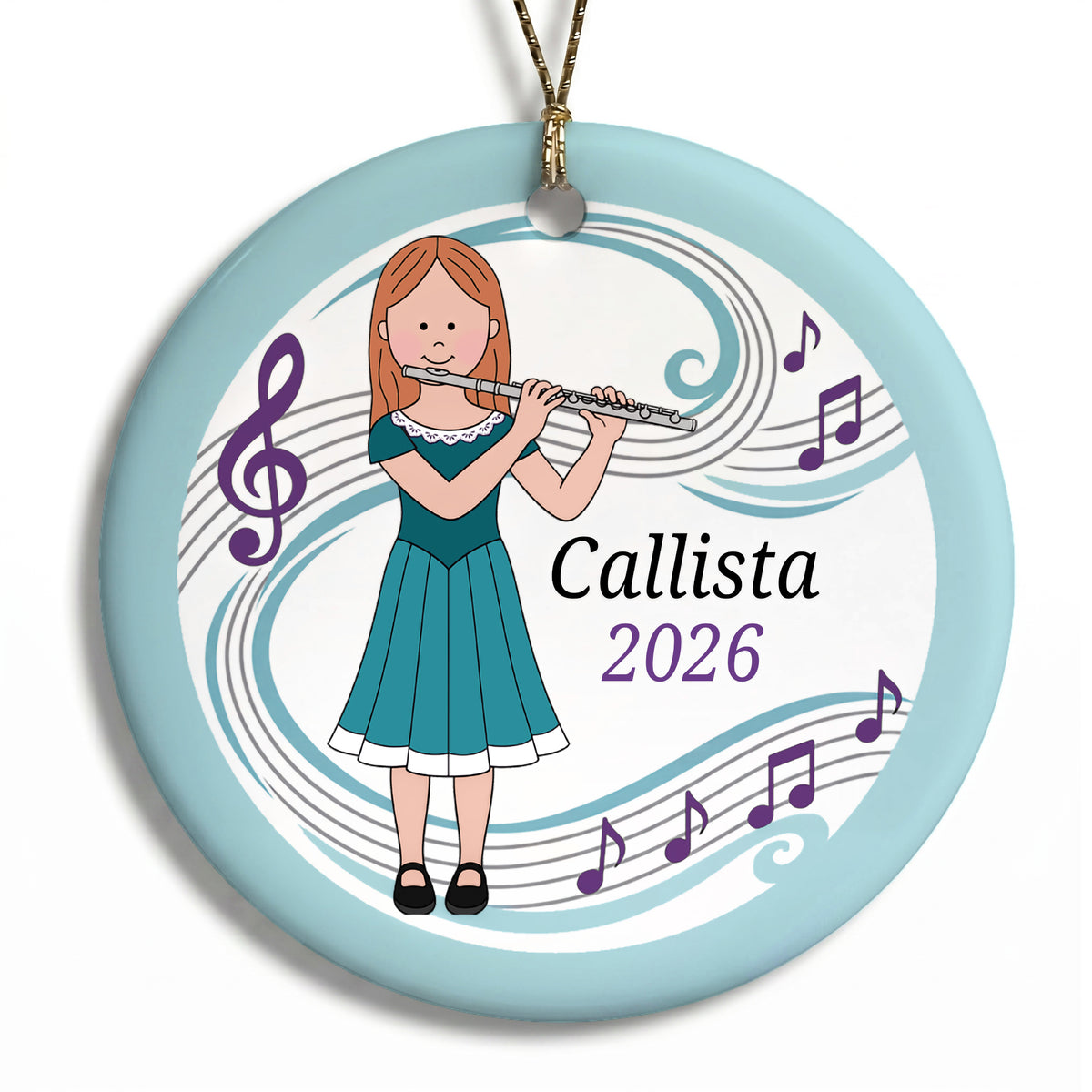 Flute Girl Personalized Christmas Ornament - C - Red Hair / Fair Skin, 