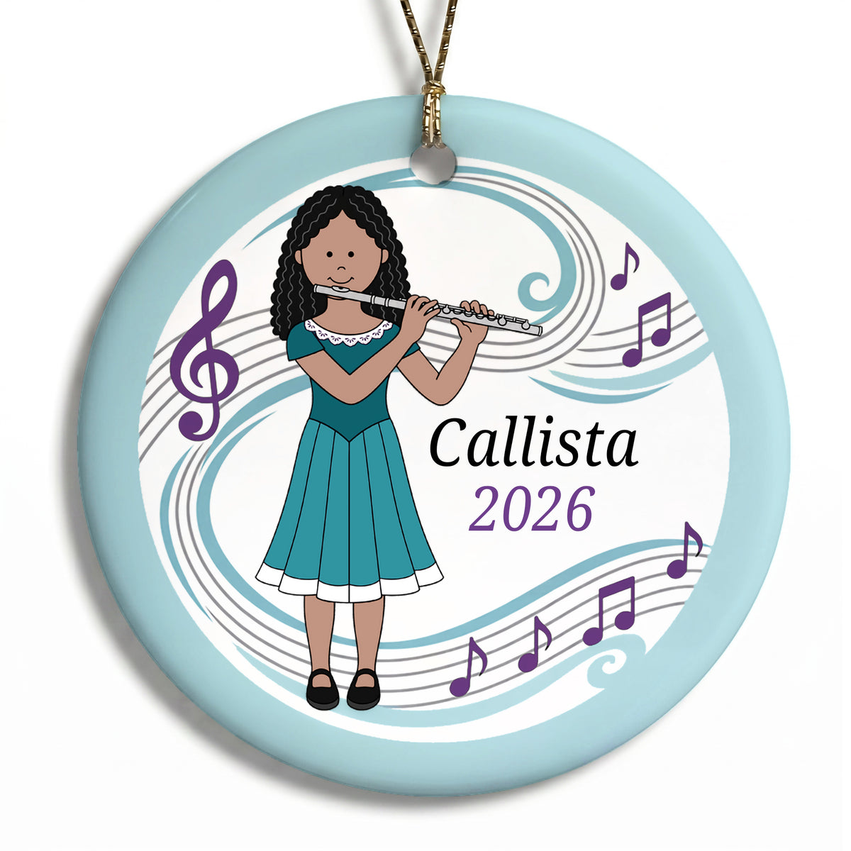 Flute Girl Personalized Christmas Ornament - F - Black Curly Hair/Medium Skin, 