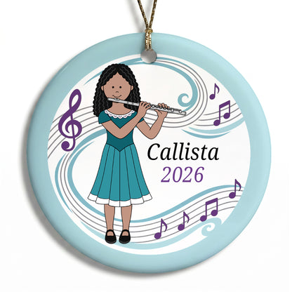 Flute Girl Personalized Christmas Ornament - F - Black Curly Hair/Medium Skin, 