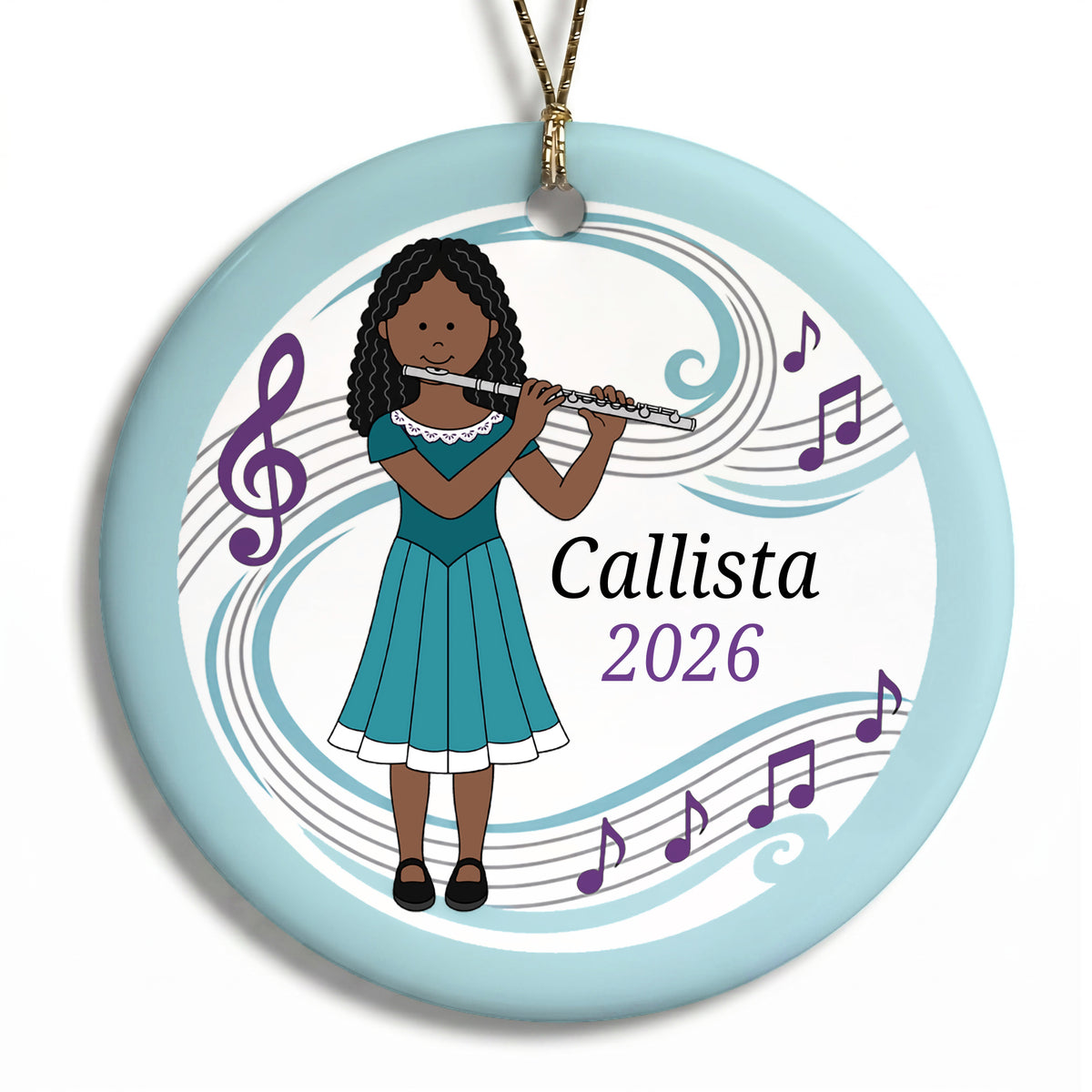 Flute Girl Personalized Christmas Ornament - G - Black Curly Hair/Dark Skin, 