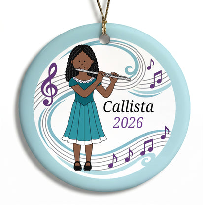 Flute Girl Personalized Christmas Ornament - G - Black Curly Hair/Dark Skin, 