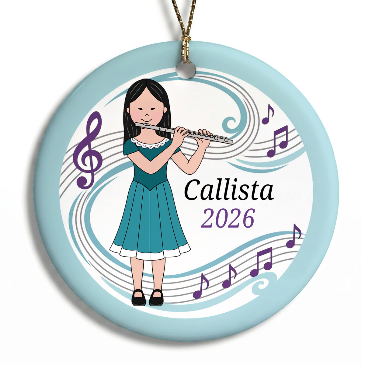 Flute Girl Personalized Christmas Ornament - H - Almond Eyes / Black Hair / Fair Skin, 
